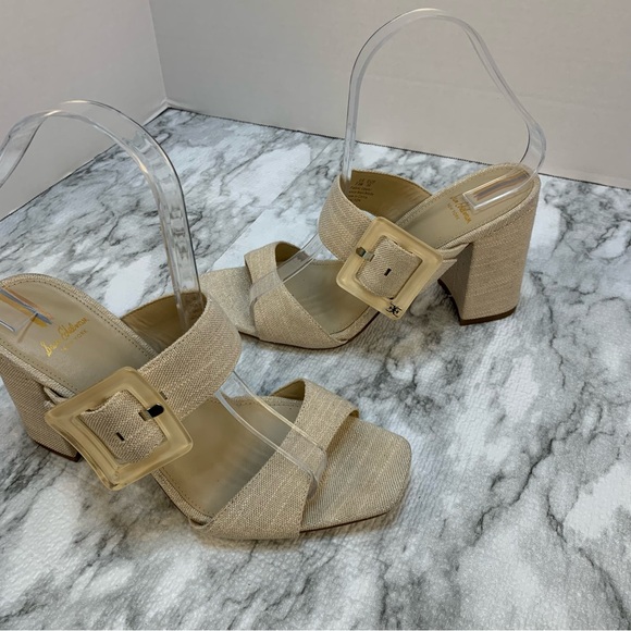 Sam Edelman New York sandal heels tan/gold tone , large buckles, very elegant.